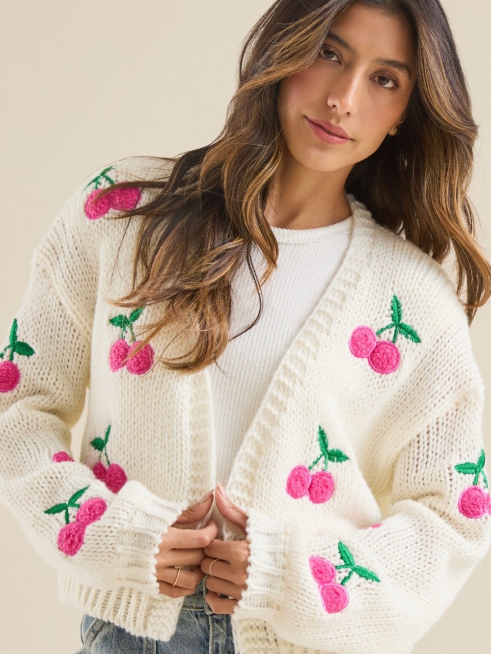 ARULA Cream Cardigan with Pink Cherry Embroidery